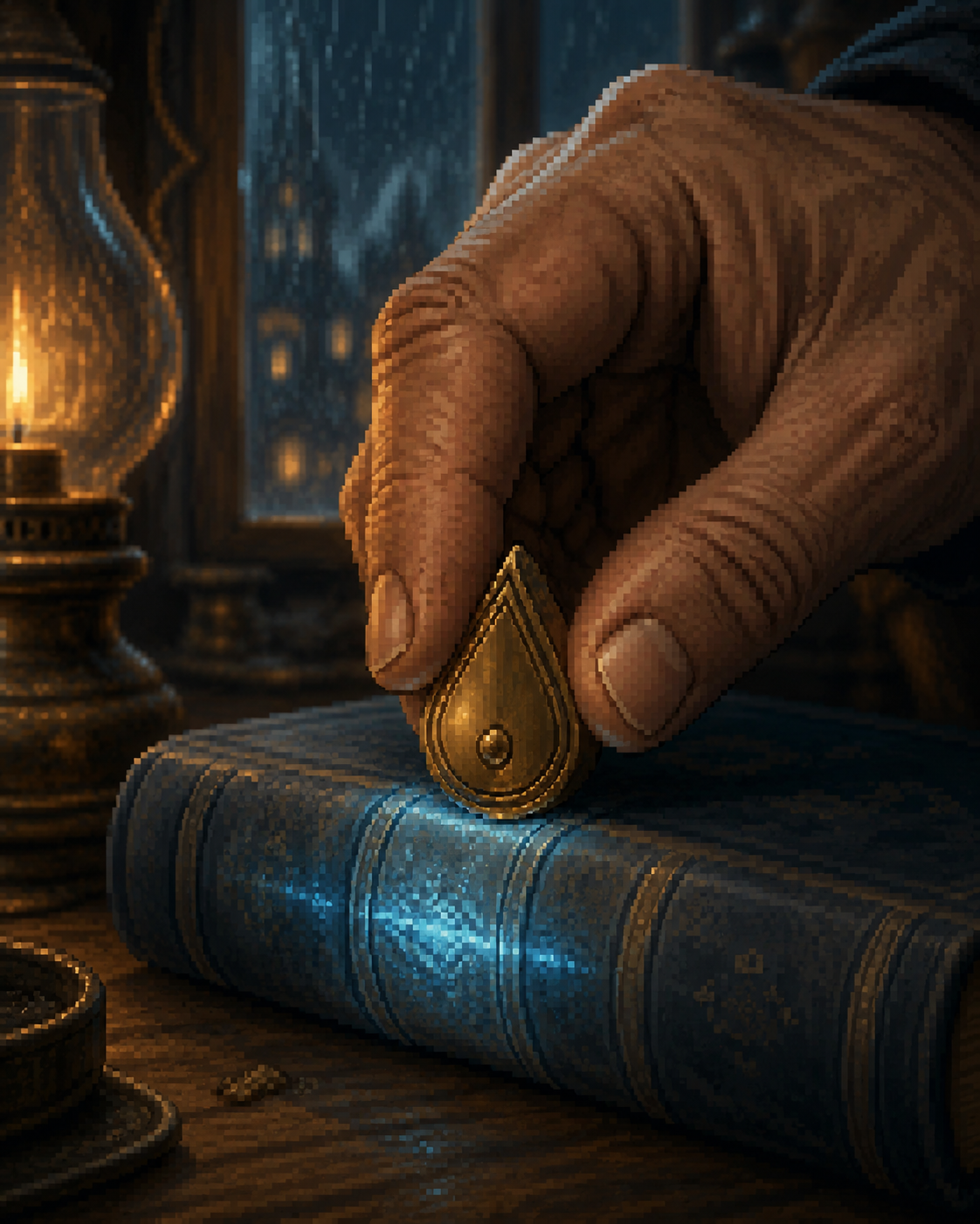 Close up of a hand pressing a brass seal onto the spine of a glowing blue book