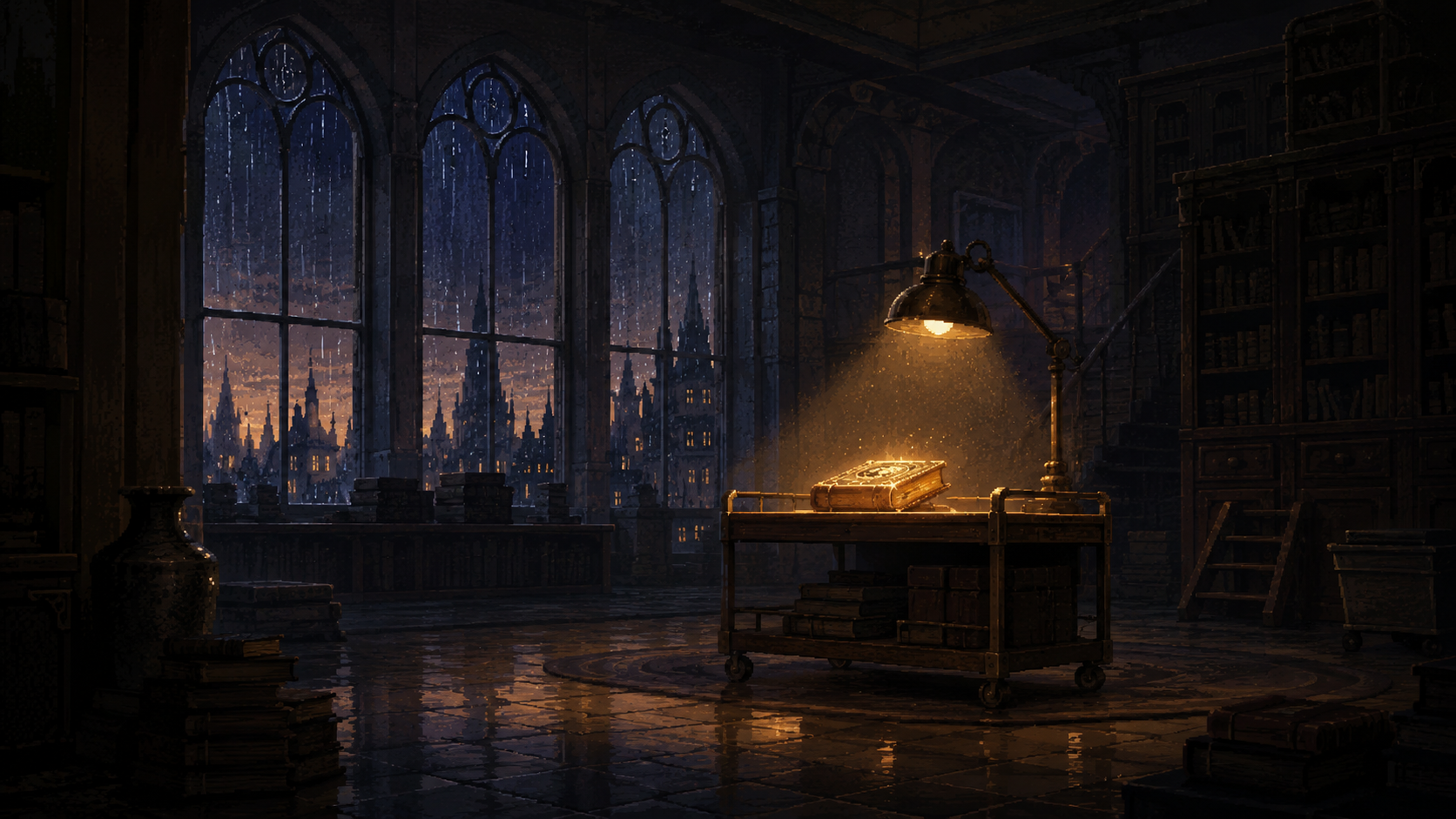 A still of the library at twilight, rain on the windows, one lamp lit